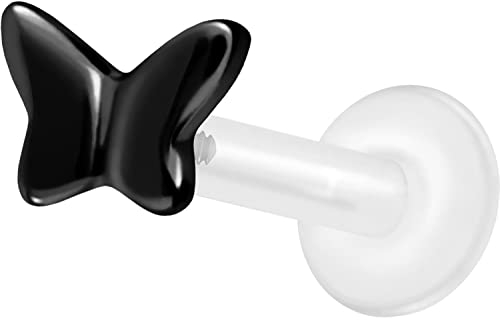 PIERCINGLINE PTFE Labret mit Gewinde Titan Aufsatz SCHMETTERLING Piercing Lippe Nase Ohr Helix Tragus Medusa Schwarz 1,2 x 6 mm