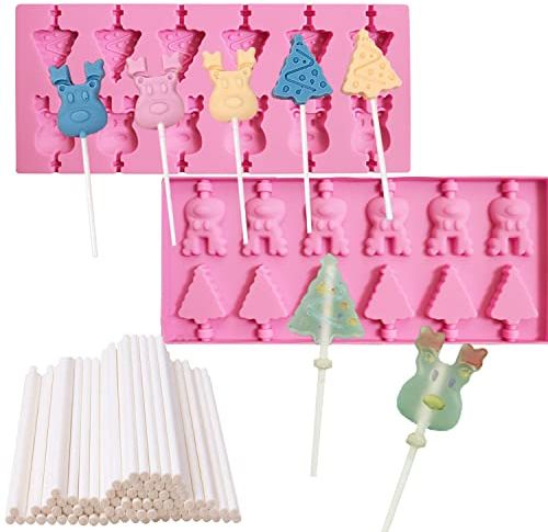 2 Stück Weihnachts-Lollipop-Süßigkeiten-Silikonform, 12 Löcher, Weihnachtsbaum, Elchform, mit 80 Lollipop-Sticks, DIY-Kekse, Süßigkeiten, Gummibaum, Schokoladenform, Eiscreme-Tablett