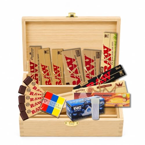 RAW HORNET, Rolling Box Kit, Smoking Accessories, Gift Set #1 | Smell Proof Wooden Stash Box, With Papers, Tips, Cones, Roach Booklets, Bundle Gifts, for her, him