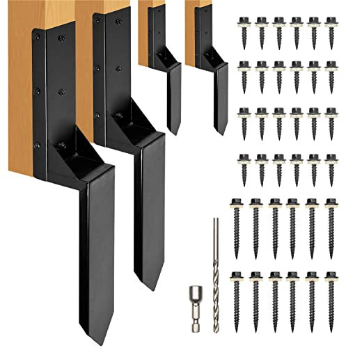 WIMART Fence Post Repair Kit 4''x4'', Heavy Duty Steel Fence Post Anchor Ground Spike 4''x4'' for Wooden Fence Post Repair, Wooden Fence Base Contruction (Black - Set 4)