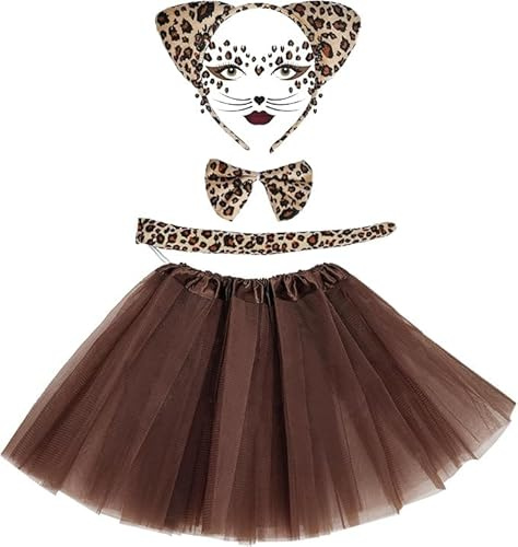 baotongle Leoparden Kostüm Set Tier Leopard Stirnband Fliege Tutu Roc Gesicht Kunst Aufkleber Ohren Stirnband für Fasching Karneval Kostüm Party Dekoration Zubehör (30cm Rock)