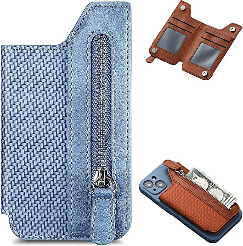 Multifunctional Adhesive Phone Wallet Card Holder,Universal Cell Phone Stick On Card Wallet Sleeve with Zipper,Textured Leather Mobile Phone Stand for Back of Phone Case,Flip Bracket (Blue)