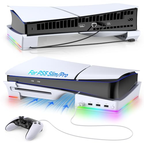 Gorixer RGB Horizontal Stand for PS5 Slim Console with 4 USB Hubs, Stand for Playstation 5 Slim Disc & Digital, Base Holder Accessories with 14 Lighting Modes & Fast Charging Port for PS5 Controller