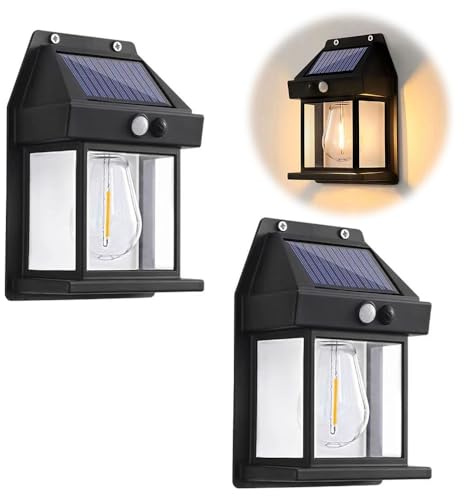 LUFEIS Outdoor Wall Light, 2 Pack Solar Vintage Wall Lights with Motion Sensor, IP65 Waterproof Solar Security Lights, Solar Powered Wall Lantern with 3 Lighting Modes for Garden Doorway