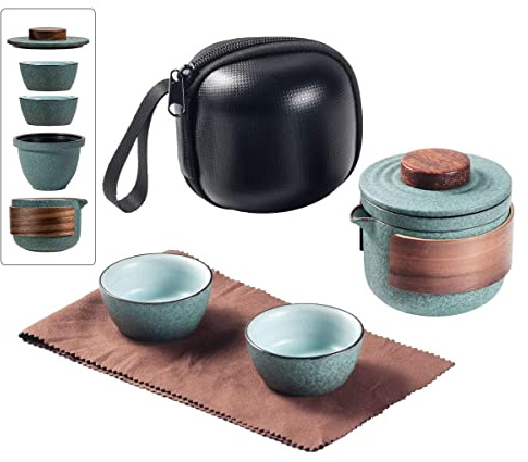 NZPOST Mini Ensemble de théière de Voyage en céramique, théière Kung Fu Chinoise, 1 théière, 2 Tasses, Tasses à thé en Porcelaine avec infuseur à thé, Sac Portable pour Pique-ni
