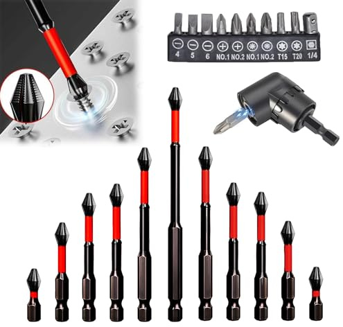 Kangsite Magnetism-Impact Antislip Screwdriver Drillbits,D1high Hardness Phillips Screwdriver Set11pcs+Right Angle Drill Attachment 105degree1/4+10 Short Screwdriver Bits Electric Hand Tool