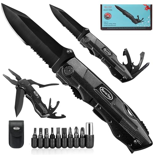 RoverTac Taschenmesser Klappmesser Multitool – Survival-Campingmesser mit Zange, Flaschenöffner, Dosenöffner, 9-in-1 Schraubendreher-Set und Nylonhülle, Messer für Camping und Wandern