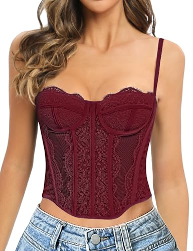 GainKee Corsetto in pizzo da donna in pizzo bustier corsetto top con cinghie corsetto da donna corsetto per uscire partito crop top, Vino rosso, Small