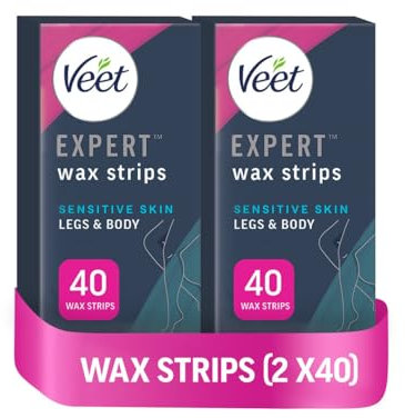 Veet Expert Cold Wax Strips, Hair Removal, Legs & Body, Sensitive Skin, 40 Strips each, 4 Finish Wipes, with Almond Oil, Pack of 2