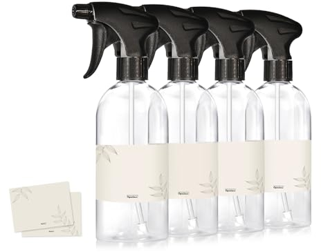 Oputec 4 x 500ml Sprühflaschen aus Kunststoff Transparent, zum Befüllen, mit ergonomischem Sprühkopf + Etiketten – Leere Wassersprühflaschen für Pflanzen, Blumen, Reinigungsmittel, Haarpflege und mehr
