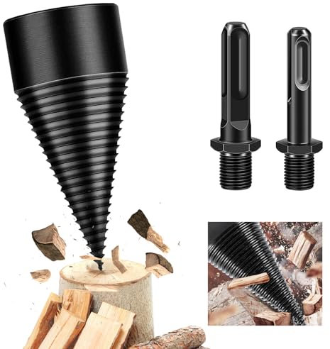 MaxEarn Log Splitter Drill Bit 42mm with 2 Handles, Wood Splitter Drill Bit with 10mm ＆9.35mm Shanks for Electric Hammer and Electrie Drills, Cone Wood Splitters, Heavy Duty Firewood Drills Bits