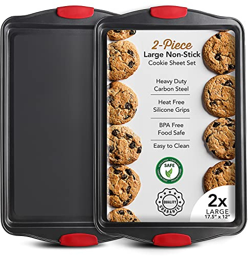 Eatex Baking Set, 2-Piece Large Baking Sheet Set with Silicone Handles, Steel Baking Pan, Cookie Sheets for Oven, BPA Free Nonstick Set, Half Sheet Pans, Black Baking Tray | Nonstick Bakeware, Steel, Warp Resistant 450°F Oven Safe, Large Sheet Pans for Baking with Silicone Handles, BPA Free, Black