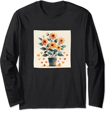 Dahlia Plant In Pot Cottagecore Hearts Graphic Long Sleeve T-Shirt