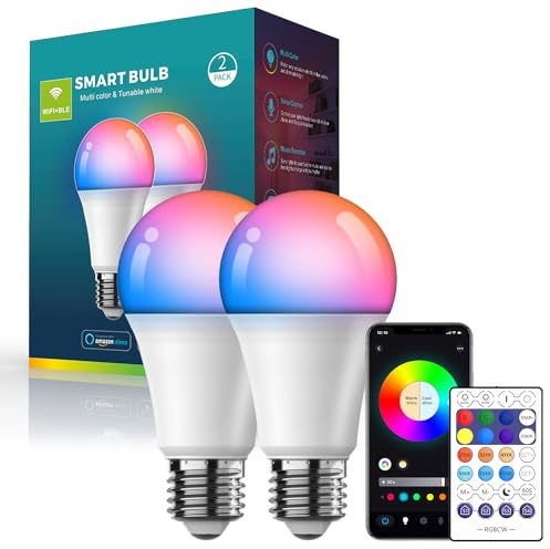 GVOREE Smarte Glühbirne E27,Farbwechsel mit Lampe Musiksynchronisation,16 Millionen Farben,WiFi & Bluetooth Smart Glühbirne Funktioniert mit Alexa & Google Assistant,10W 800LM 2Stück