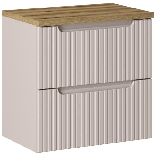Lomadox Meuble de salle de bain, sous vasque, 60 cm, cachemire et chêne, avant rainuré, 2 tiroirs à fermeture douce