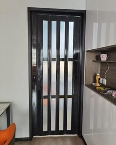 Concertina Door Black Sliding Doors with Grid Window& Handle, Kitchen Bathroom PVC Concertina Accordion Folding Door, Magnetic Retractable Room Divider Screen(23x80in (58.5x203cm))
