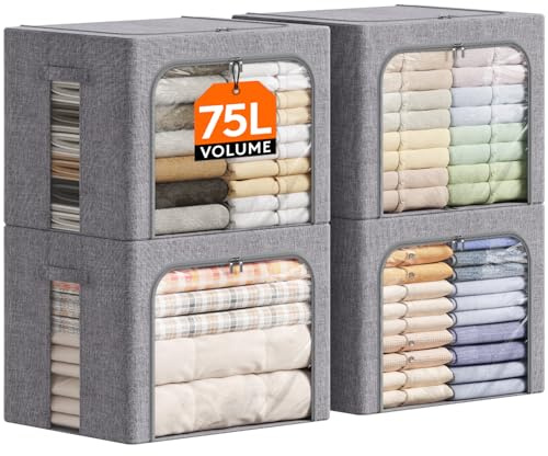 Lifewit Scatole per Armadio Rigide con Cerniera, Contenitori per Armadio Salvaspazio, Scatole Vestiti Cambio Stagione con Struttura in Metallo Pieghevole, Grigio, 75 L, 4 Pezzi