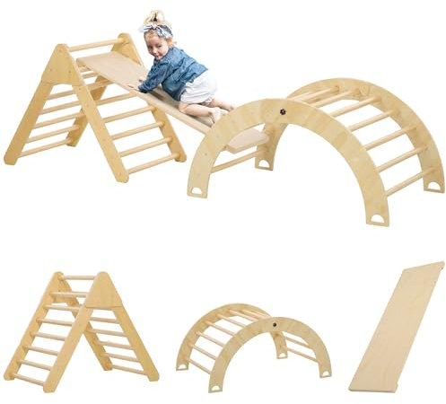 AIYAPLAY Triángulo de Escalada de Madera 4 en 1 Montessori Escalada para Niños de 18-48 Meses con Rampa Juego de Escalada de Arco para Deslizarse o Trepar 219x72,5 cm Natural