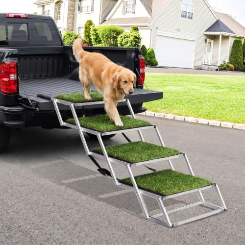 Escaleras de coche extra anchas para perros grandes, rampa plegable de aluminio ligero para mascotas con superficie de alfombra de césped artificial antideslizante para coches, SUV, camas altas y