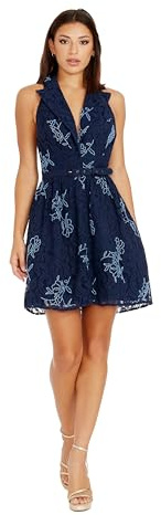 Dress the Population Women's Saxon Floral Beaded Corded Lace, Mini, Fit and Flare, Halter Neck Dress, Navy Multi, X-Small