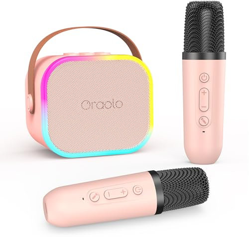 oraolo Karaoke Bambini con 2 Microfoni Wireless, Mini Cassa Bluetooth Portatile per Bambini, Rgali Natale, Compleanno Regalo, Giocattoli per Ragazze dai 3-12 Anni, Effetti di Cambio Voce ＆ Luci LED