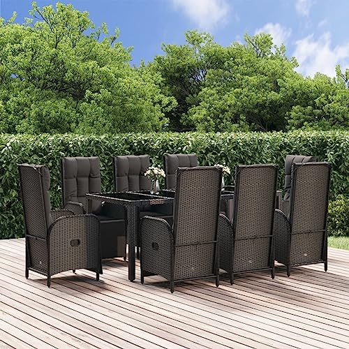 IKAYAA Rattan Essgruppe 8 Personen Gartenmöbel Essgruppe mit Verstellbare Hochlehner Stühlen Garten Sitzgruppe Schwarz Rattan Gartenmöbel Set mit Auflagen Sitzgarnitur mit 190 cm Tischlänge