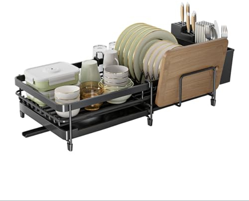 KüchenKunst-Multifunktionale Küchentropfstelle，Ausziehbarer Abtropfgestell für Geschirr,platzsparender Abtropfgestell, langlebiger Küchen abtropfgestell geschirr aus Edelstahl mit Besteckhalter