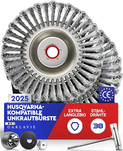 GARLAVIE 2X Unkrautbürste für Husqvarna Motorsense – Wildkrautbürste mit Adapter für Freischneider, langlebiges Zubehör zur Moos- & Unkrautentfernung