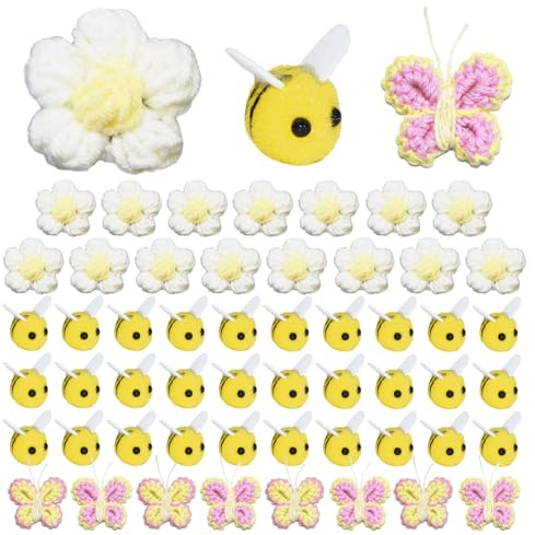 PXBSNB 53 Stück Filzen Mini Biene Dekoration, Kleine Bienen Deko mit Gelb Häkelblumen und Schmetterlinge, Filzbienen Kleine Bienen für DIY Handwerk Hut Kleidung Anhänger Babyparty Kostüm Dekoration