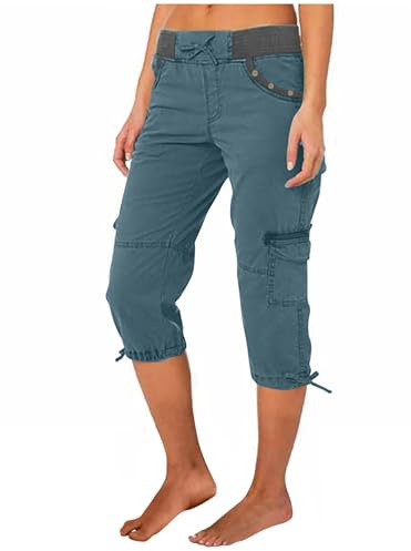 Cargohose Damen Sommer Knielang Cargo Shorts 3/4 Arbeitshose Regular Fit Sommerhose Einfarbig Caprihose Baumwolle Hose Hohe Taille Freizeithose Elastisch Sporthose Jogginghose Stoffhose mit Taschen