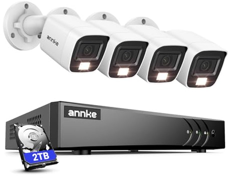 ANNKE 1080p Farb-Nachtsicht Verkabelt Überwachungskamera Set mit 2 TB Festplatte, 8CH H.265+ 3K Lite DVR und Personen- und Fahrzeugerkennung, 4X 2MP Aussen Bullet Kamera mit BNC Kabel