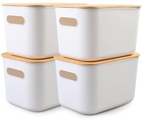 MaxEarn Scatole portaoggetti in plastica con coperchi, impilabili con manici, organizer per armadio, contenitori bianchi per bagno, cucina, ufficio (7 litri (confezione da 4)