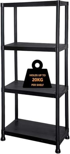 VIVAAS Heavy Duty Black Plastic Storage Shelving Unit Garage Storage Shelves Racking Shelving Unit Home, Office, Pantry, Warehouse, Garage, Shed, Stockroom, kitchen and Workshop (4 Tier)