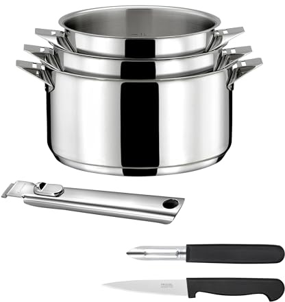 CUISINOX Set 3 casseroles 16/18/20 cm + poignée + Couteaux, Tous feux | Set cuisson et coutellerie (casseroles 16/18/20 cm, éplucheur, office), Fond encapsulé, Tous feux induction