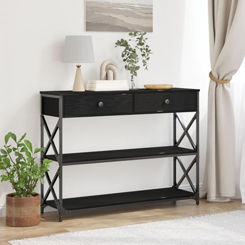Brokky 863529 Tavolo Consolle Nero Rovere 100x28x75 cm Legno Ingegnerizzato e Acciaio Tavolo da Console con Ripiani,Tavolino Vintage,Mobile Ausiliario in Legno,per Soggiorno,Ingresso,Corridoio