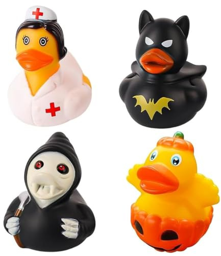 EIHI 4 Piezas Patitos de Goma Baño, Coloridos Patos de Goma Bañera Bebe Flotar Patos de Baño Bonitos Juguetes de Pato dePato de goma con temática de Halloween,A