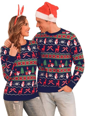 Totatuit Jersey Navideño Hombre Manga Larga Suéter de Navidad Invierno con Motivos de Reno y Muñeco de Nieve Ropa de Punto Cálida y Divertida Azul，S