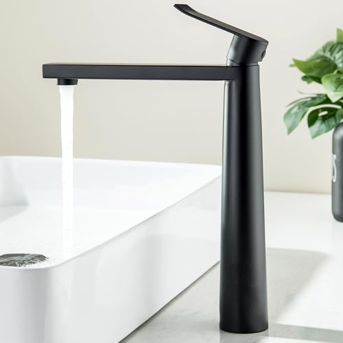 BAITUJIE Grifo mezclador de lavabo alto negro moderno, grifo de baño de una sola manija, acabado mate