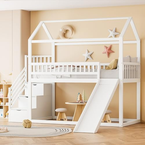 YEHTOKHOME Lit superposé Multifonctionnel de 90x200cm avec Toboggan et Espace de Rangement,Moderne lit Simple Moderne en Bois avec escalier et Garde-Corps(sans Matelas) (Blanc)