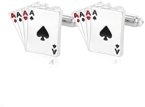 Ticome Silver Casino Poker Playing Cards Cufflinks,Poker Casino Playing Cards Gambling Suit Accessories of Aces Design,Classic Men's Business Casual Shirt Clothing Metal Cufflinks
