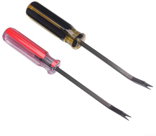Heftklammerentferner mit Doppelzinkenkopf und ergonomischem Gummigriff für Möbel, Teppiche und Bilderrahmen, Polsterklammerabzieher (gelb und rot)