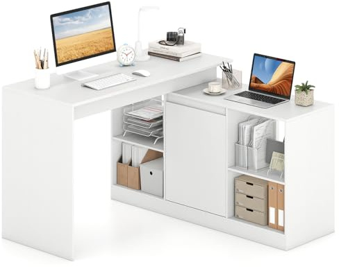 COSTWAY Escritorio Esquinero 120 x 120cm, Escritorio Reversible con Estanteria, Gabinete, y 4 Compartimentos, Mesa Ordenador L para Despacho Estudio, Blanco