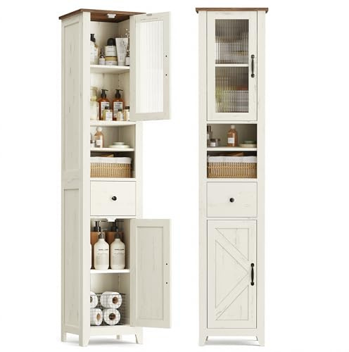 VASAGLE LIRY Kollektion - Badezimmerschrank im Landhausstil, Badschrank schmal, Badmöbel, offene Fächer, 1 Schublade, mit Türen, vintageweiß-honigbraun, 31,5 x 33 x 171 cm BBK660W101