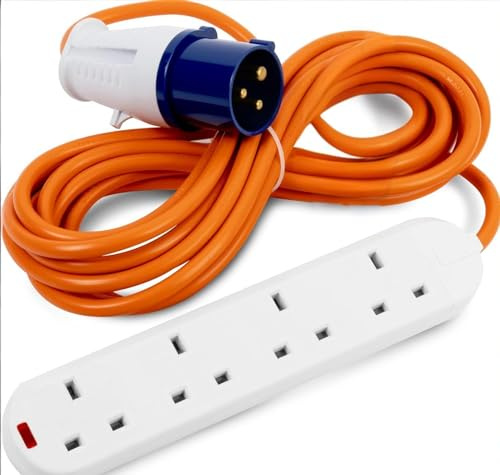 5m 4 Gang Electric Hook Up, 220V 16 Amp Motorhome Charger Cable Extender for Camping, Mobile Homes,-High Vis Orange Caravan Extension Lead (5m)