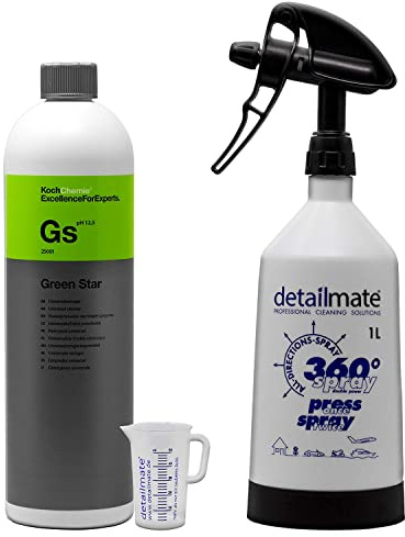 Detailmate - Lot de nettoyants universel KochChemie Green Star 1L - vaporisateur 360 degrés - Fabriqué par Kwazar Mercury Super PRO Une pression pour deux vaporisations, 1 litre. Verre doseur 50 ml.