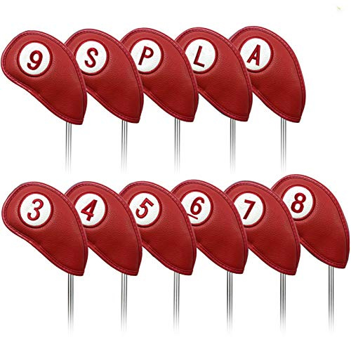 Couvre Club De Golf Fer Capuchon Protege Housse Protection Fermeture Magnétique Aimant 2 Sides pour Gaucher Droitier Golfeur Value 11 Pcs, Golf Covers Cuir synthétique pour Homme Femme (11 Pcs-Red)