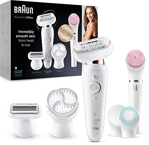 Braun Silk-épil 9 Flex Beauty Set Epilator With Flexible Head for Easier Hair Removal, Electric Shaver & Trimmer, FaceSpa, Pressure Guide, Wet & Dry, UK 2 Pin Plug, 9-100, White