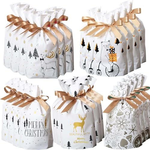 50 Stücke Weihnachten Geschenkbeutel,Geschenkverpackung Taschen,Süßigkeiten Taschen,Weihnachten Süßigkeiten Tüten,Geschenktüten mit Band&mit Kordelzug,Xmas Party Süßigkeiten Packung
