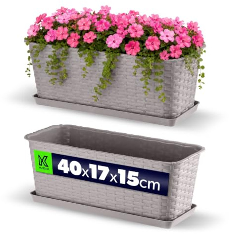 KADAX Blumenkasten 40 cm Karamell mit Untersetzer, Rattan-Optik – Pflanzkasten für Balkon, dekorativer Balkonkasten