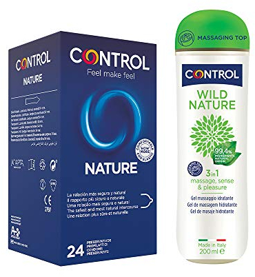 Control Natural Mix cofanetto di 24 preservativi classici e gel massaggio 3 in 1 con 99,4% di ingredienti ad origine naturale